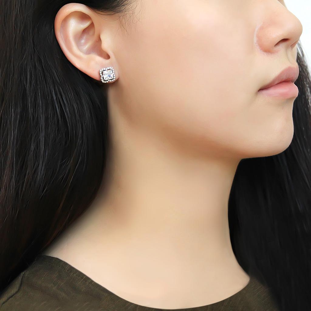 DA081 - High polished (no plating) Stainless Steel Earrings with AAA Grade CZ  in Clear-2